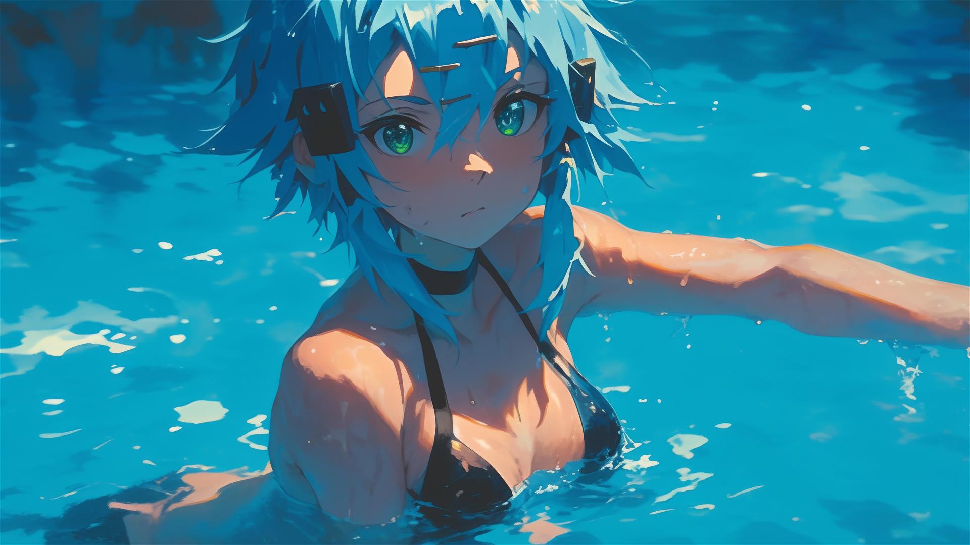 Sinon from Sword Art Online standing in pool under moonlight with glowing green eyes