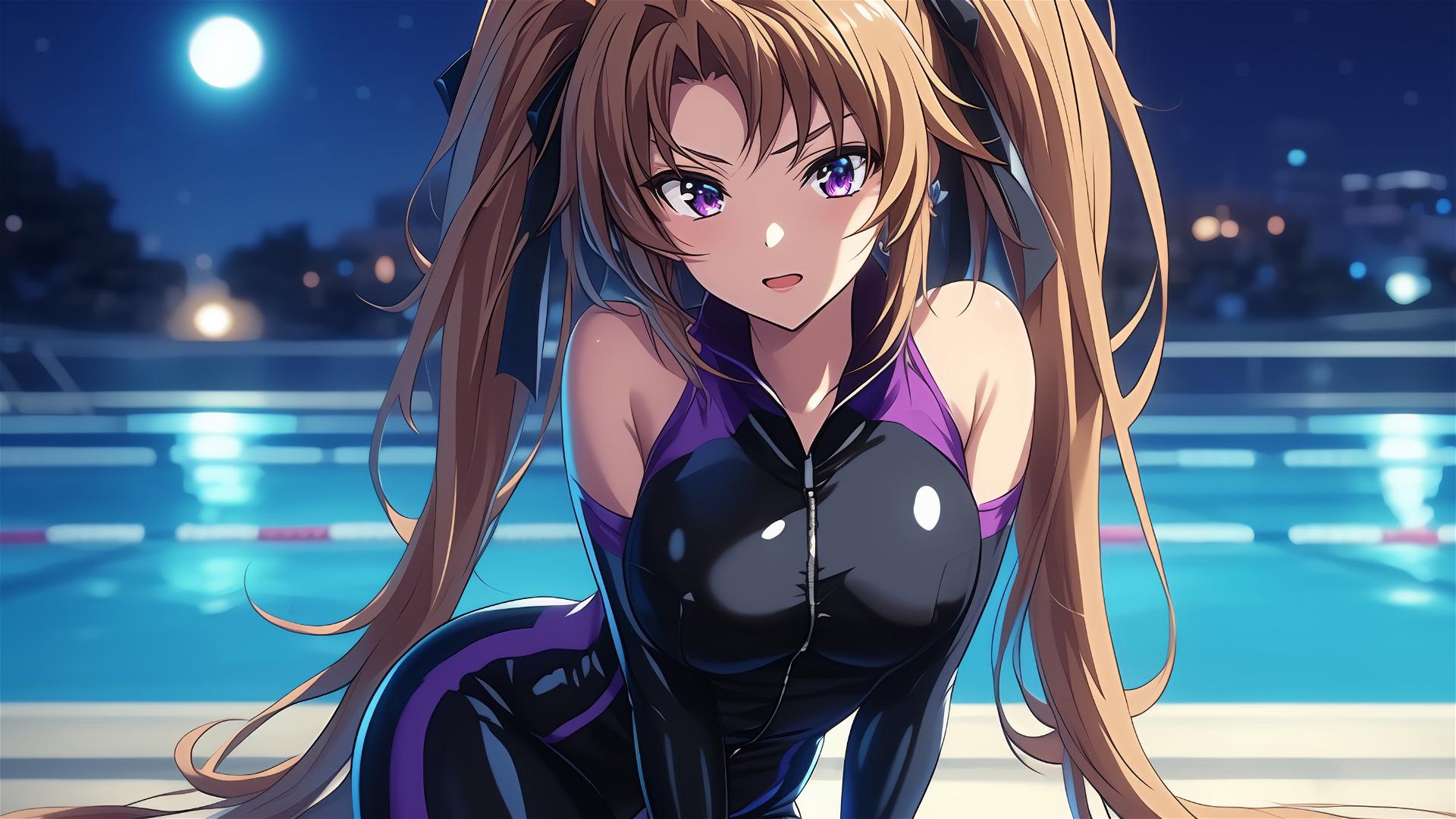 Irina Shidou from High School DxD by the pool, moonlit, violet eyes, twintails with blue scrunchies
