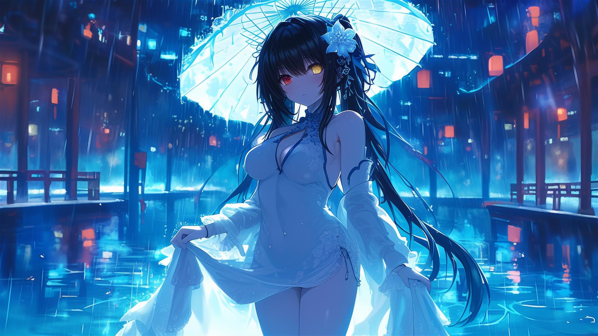 Kurumi Tokisaki in white dress, red/yellow eyes, rainy pool with moonlight