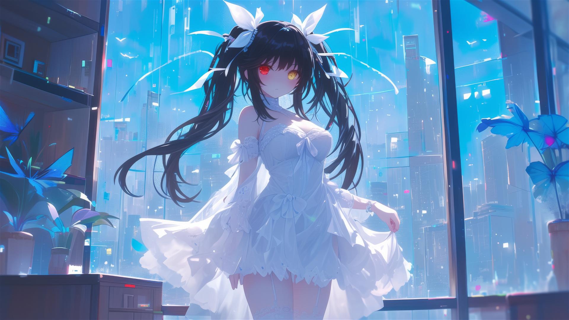 Kurumi Tokisaki in white attire with a soft moon glow