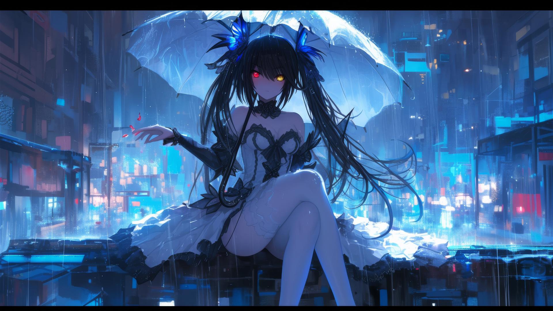Kurumi Tokisaki from Date A Live resting on the rainy rooftop with moonlit glow