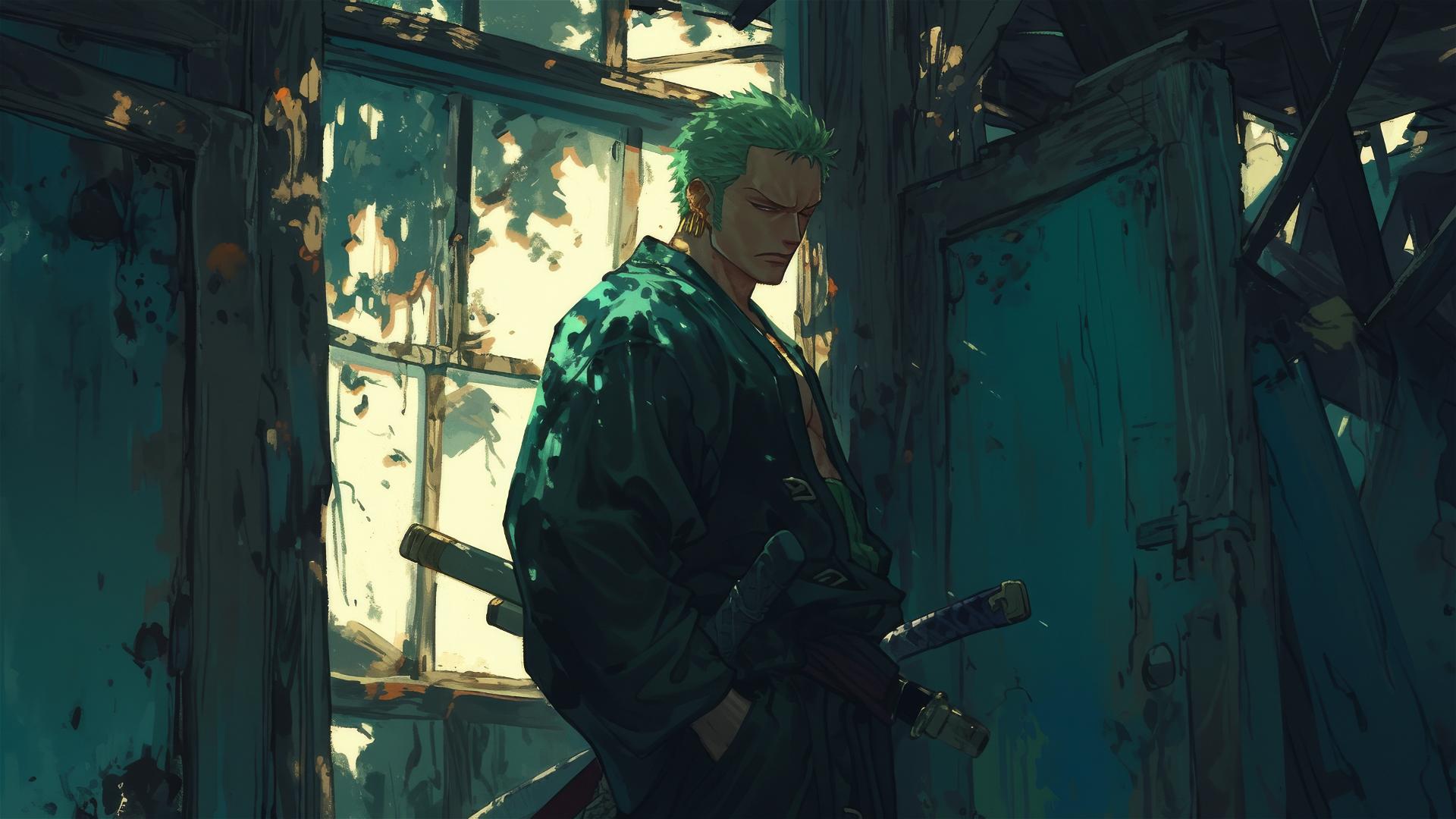 Roronoa Zoro in haunted house doorway with eerie light