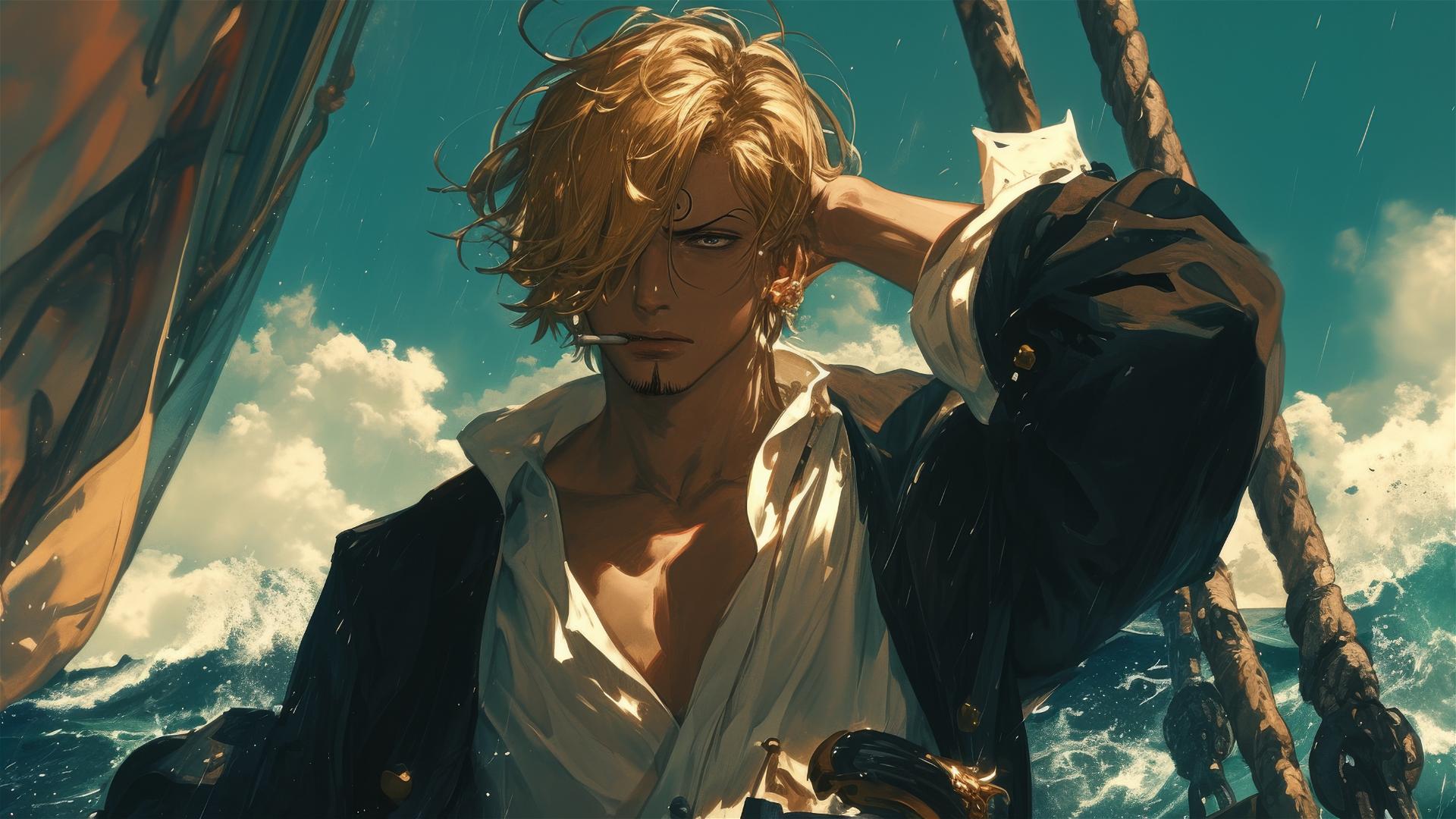 Sanji of One Piece at the ship's bow facing a storm with wind-blown hair