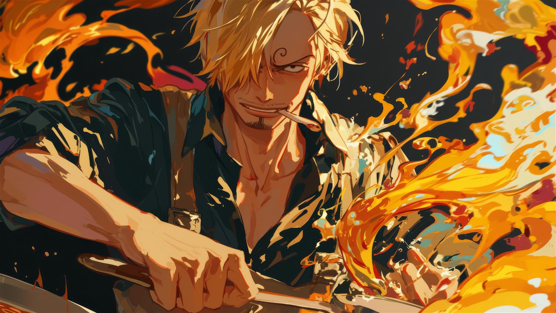 Sanji from One Piece in kitchen with flames from pan, concentrated look