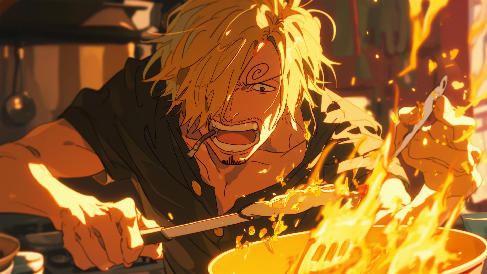 Sanji of One Piece intensely cooks with flaming pan