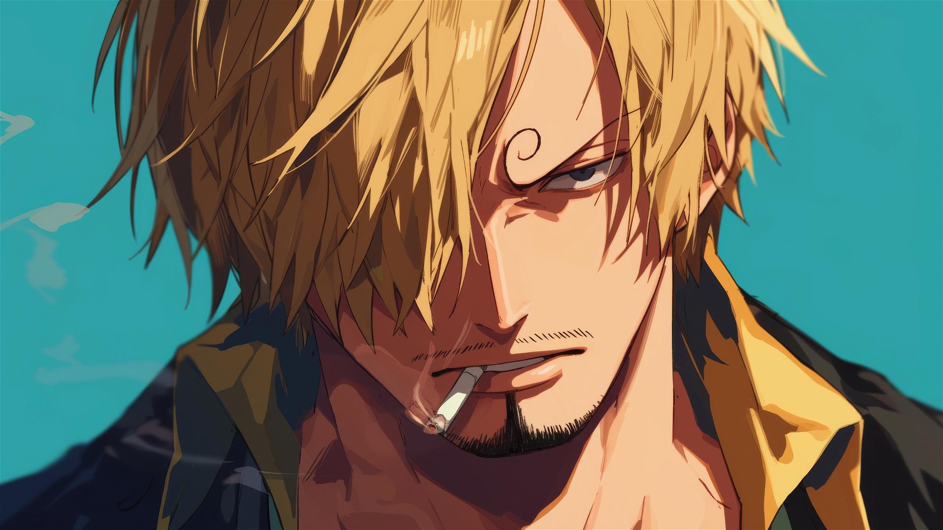 Sanji from One Piece, close-up, intense eyes, cigarette in lips