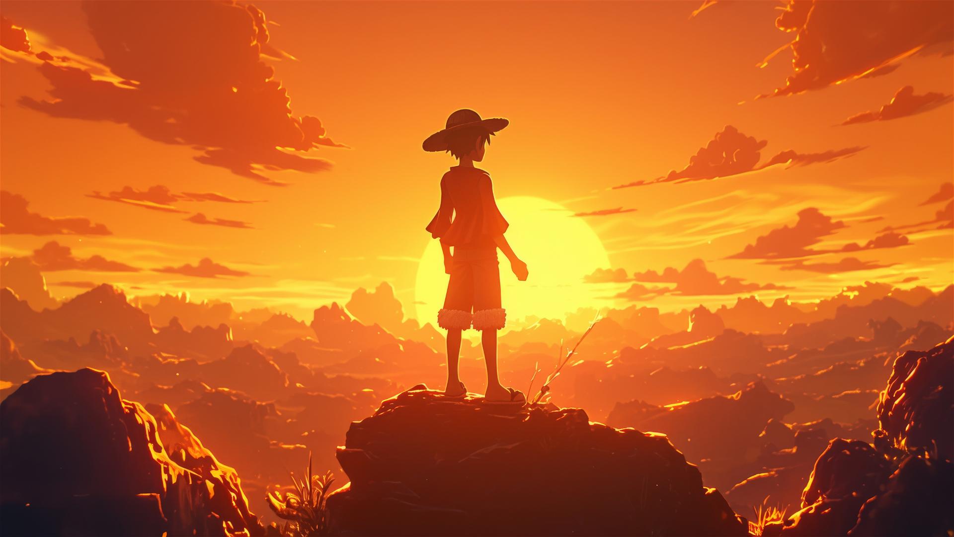 Silhouette of Luffy from One Piece at sunset