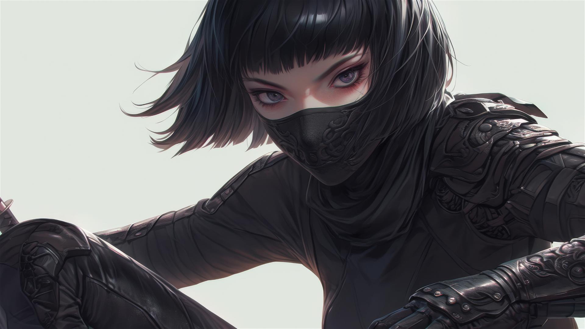 Ninja girl with mask and short hair in dynamic pose