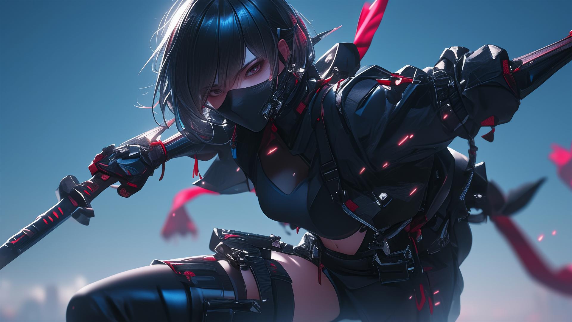 Ninja girl in dynamic pose with spotlight effect