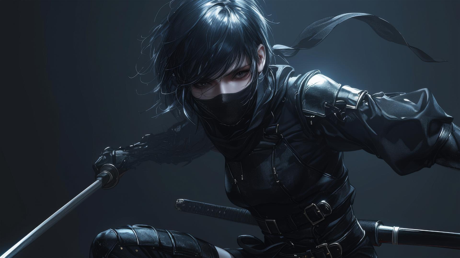 Ninja girl with short hair in dynamic pose and thigh focus, wearing a dark mask
