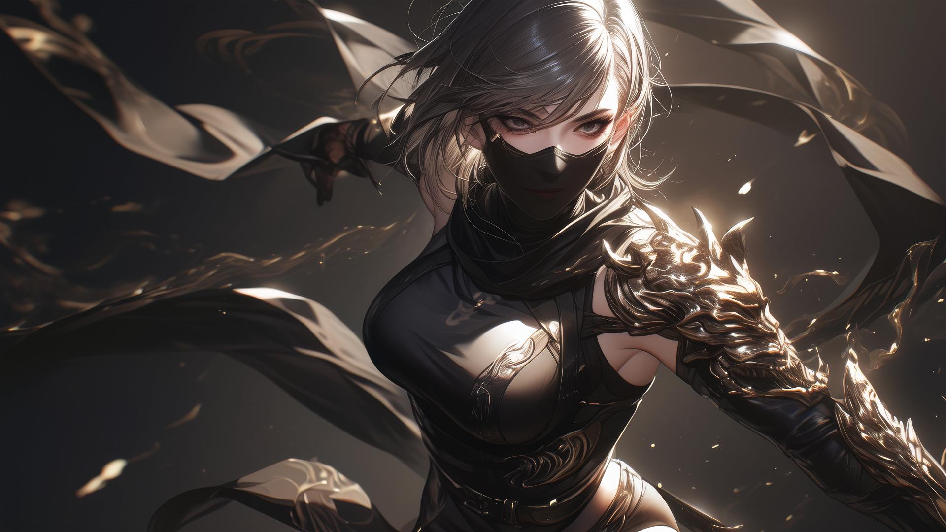 Ninja girl with short hair and masked face in dynamic pose spotlighting thigh