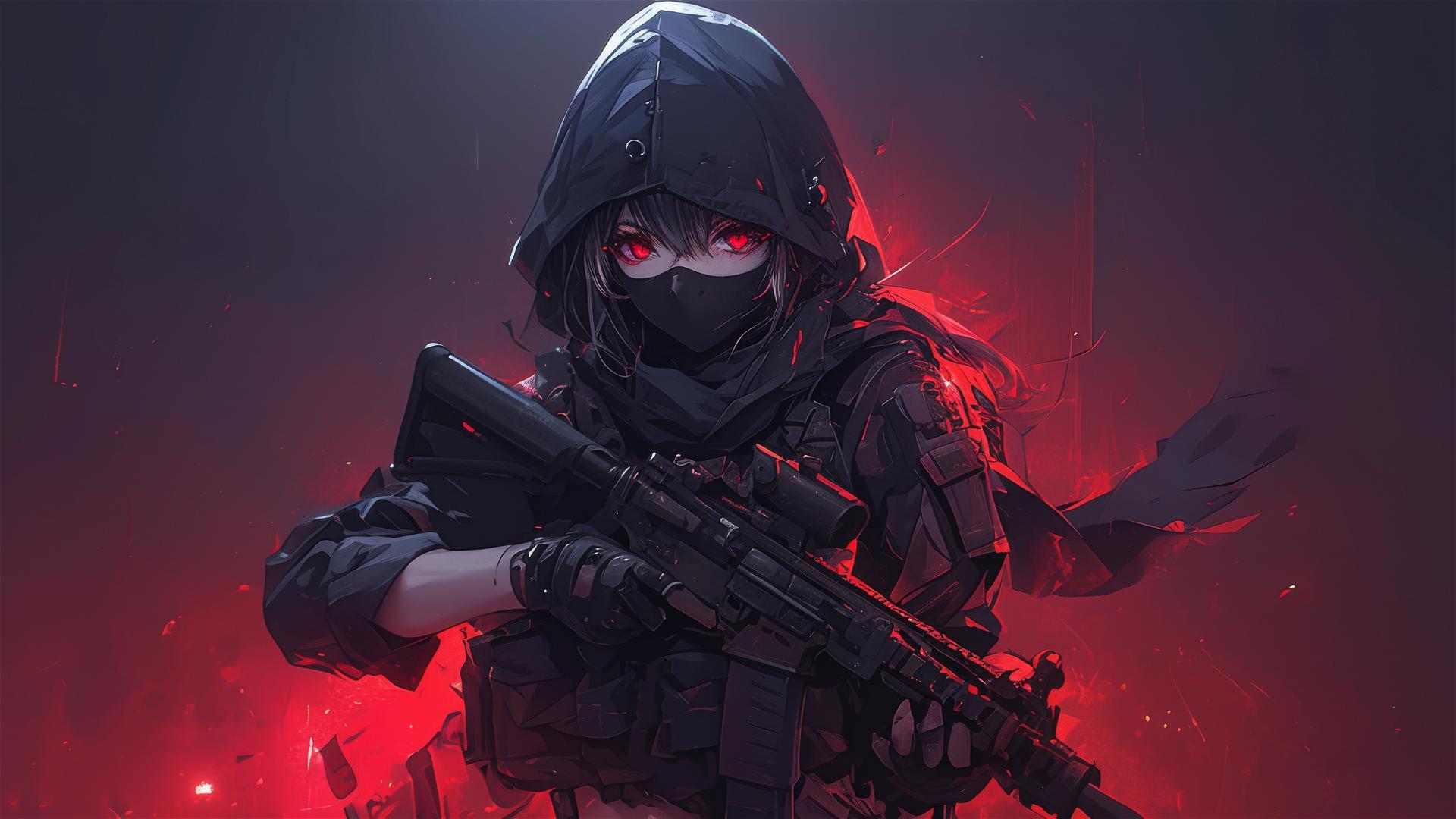 Tactical schoolgirl with a focus on thighs and masked face under a spotlight
