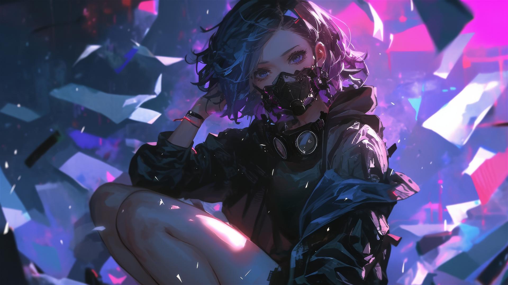 Tactical school girl with a spotlight effect, beautiful short hair, thigh focus, and a dark mask covering the face.