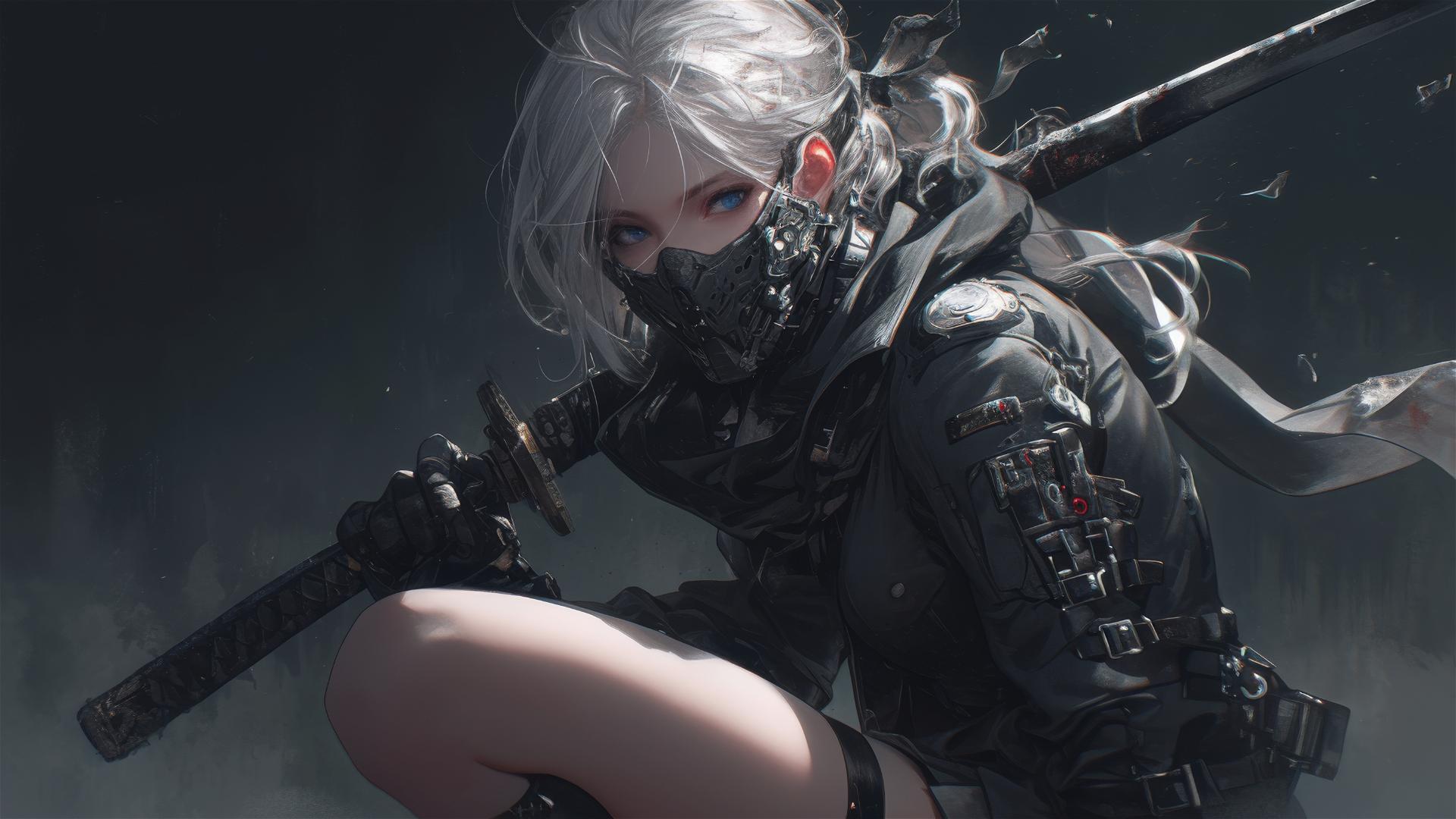 Tactical school girl with a masked face and thigh-focus in a dynamic pose