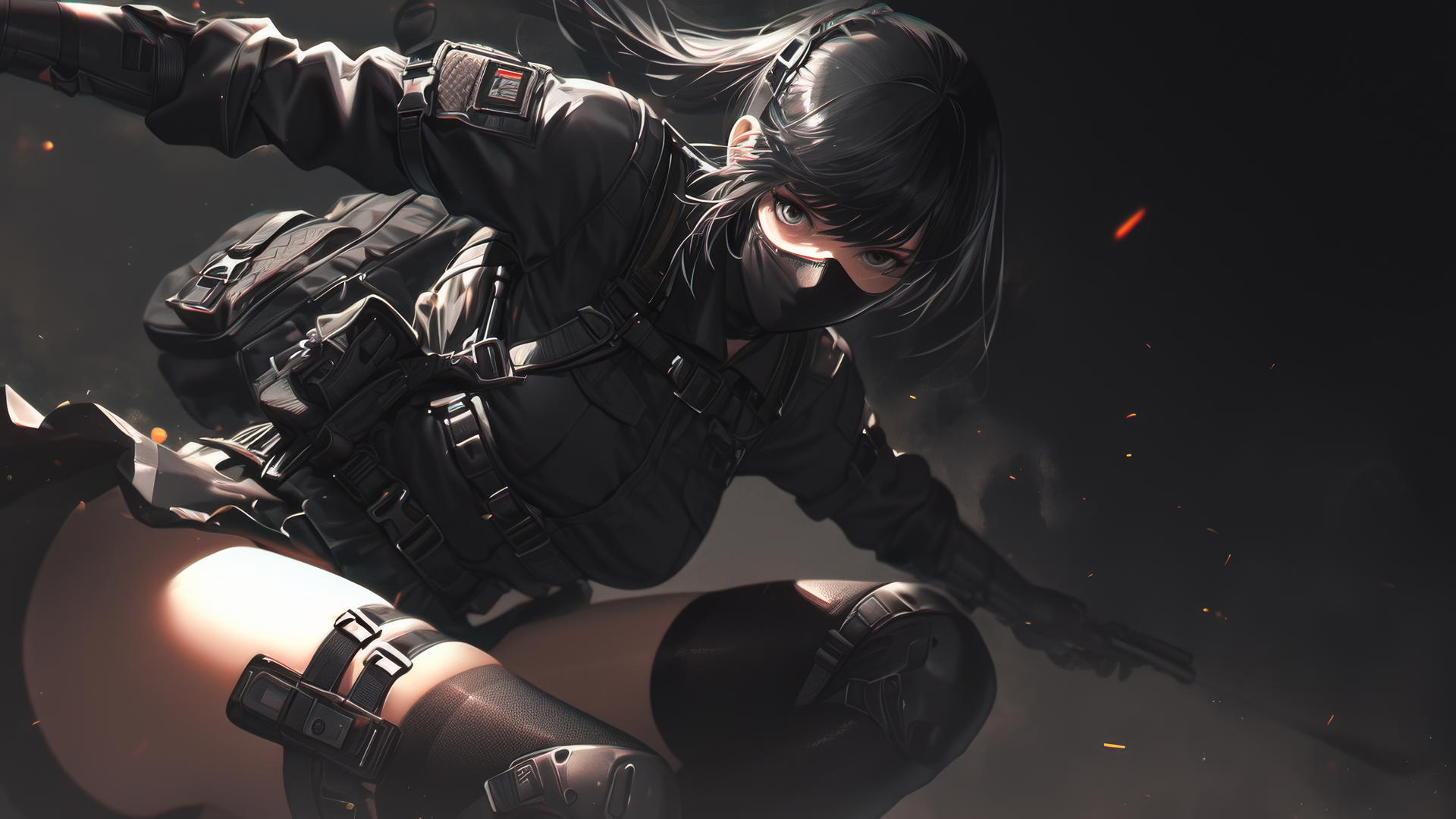 Tactical school girl in dark, spotlighted with masked face and thigh focus