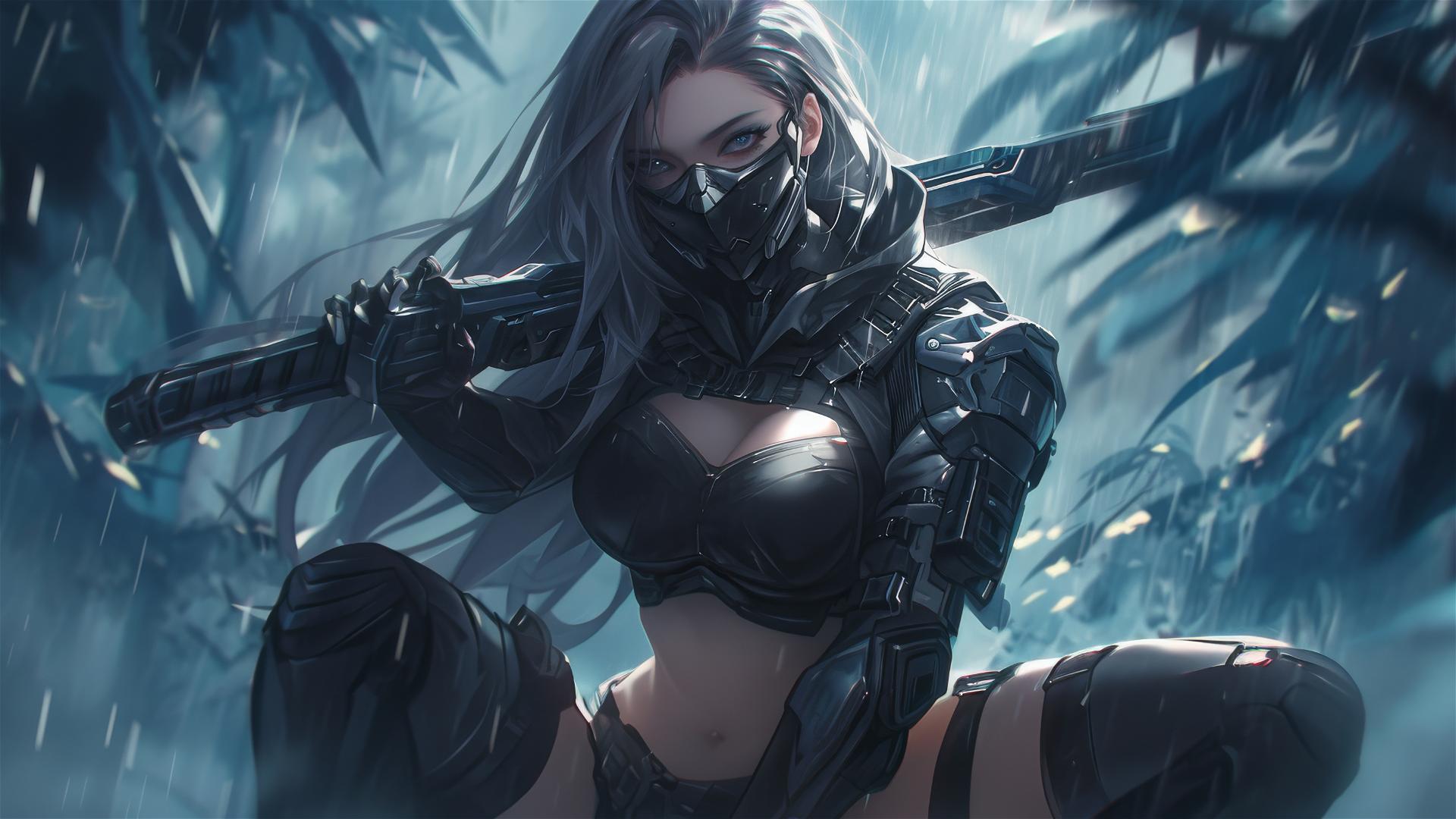 Tactical school girl in dynamic pose, thigh focus, with dark mask and spotlight effect