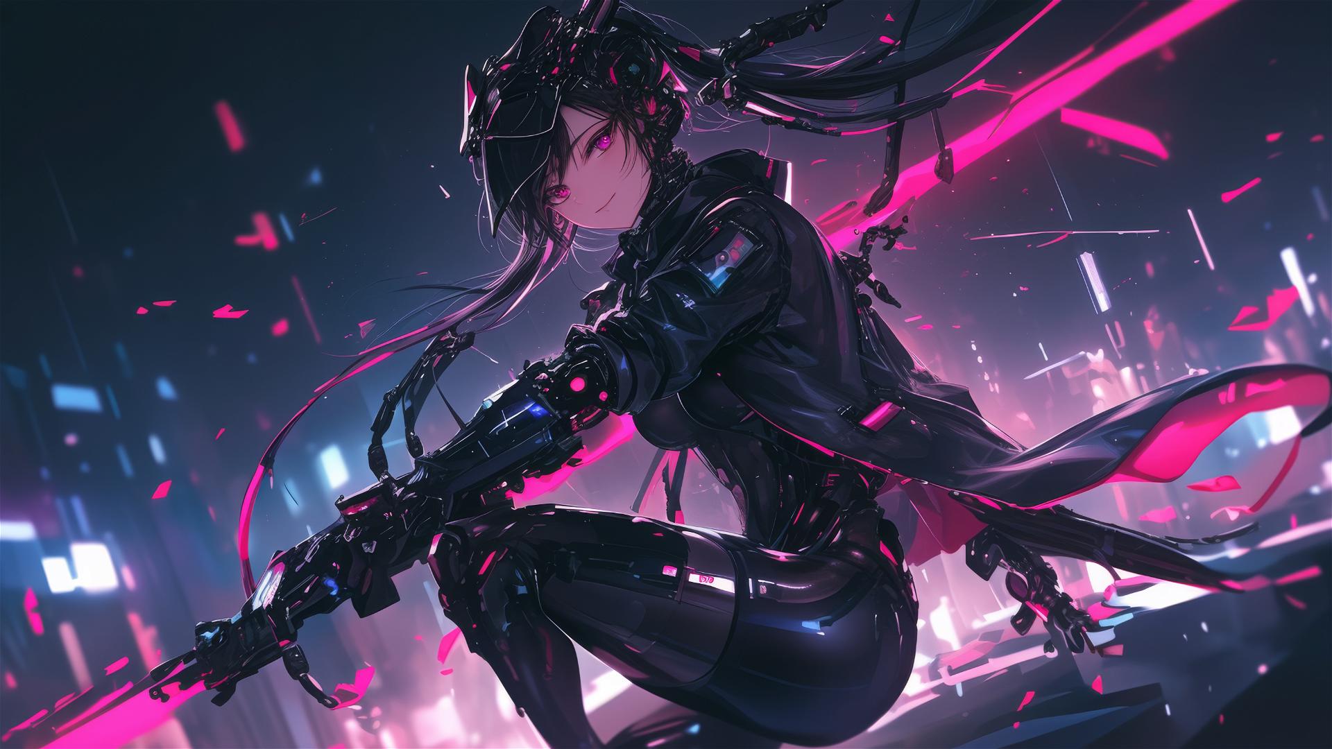 Cybernetic Agent Girl in dynamic pose on dark background with thigh focus and spotlight