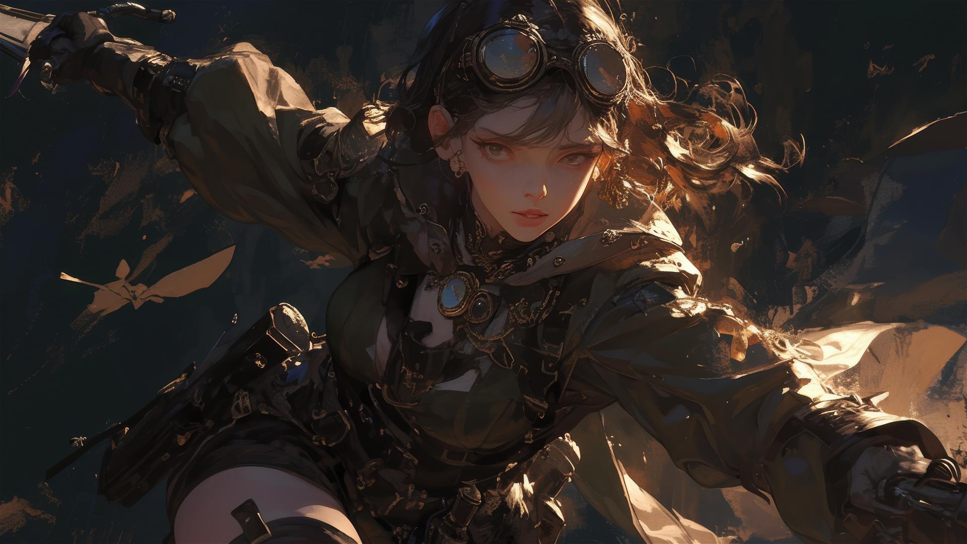Steampunk adventurer girl in dynamic pose with thigh focus on dark background