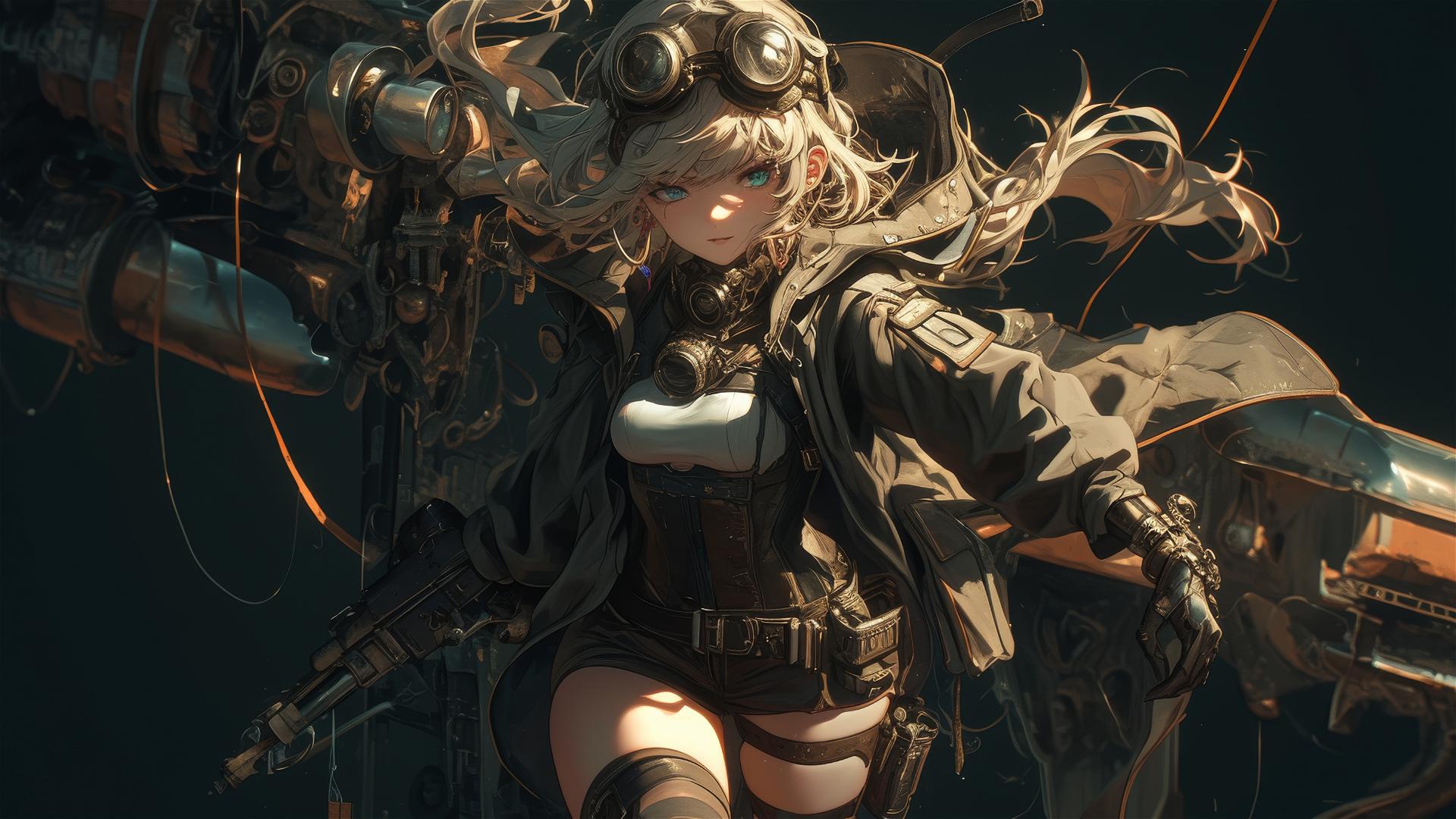 Steampunk Adventurer Girl in dynamic pose with thigh focus and spotlight on dark background