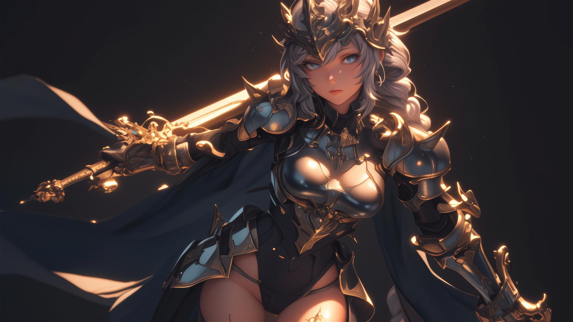 Gladiator warrior girl in dynamic pose with thigh focus on dark background