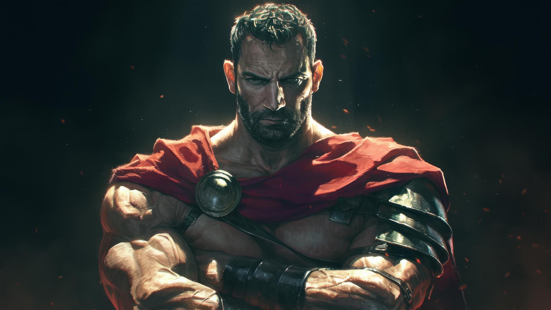 Gladiator warrior on dark background with spotlight effect