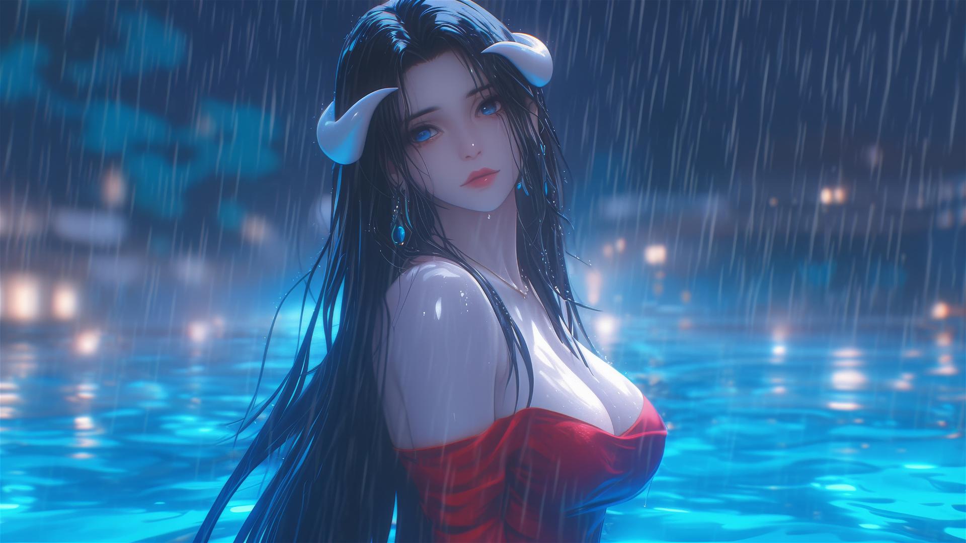 Albedo from Overlord stands in a pool under the moonlight, red dress glimmering