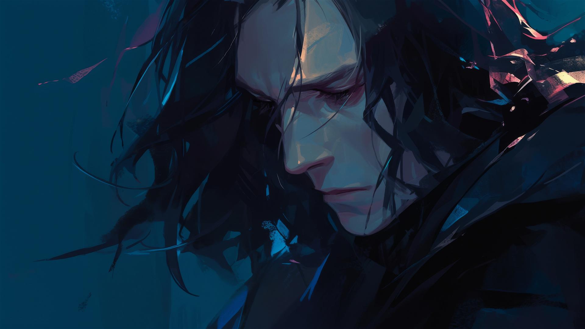 Illustration of Severus Snape with dark, spotlighted background