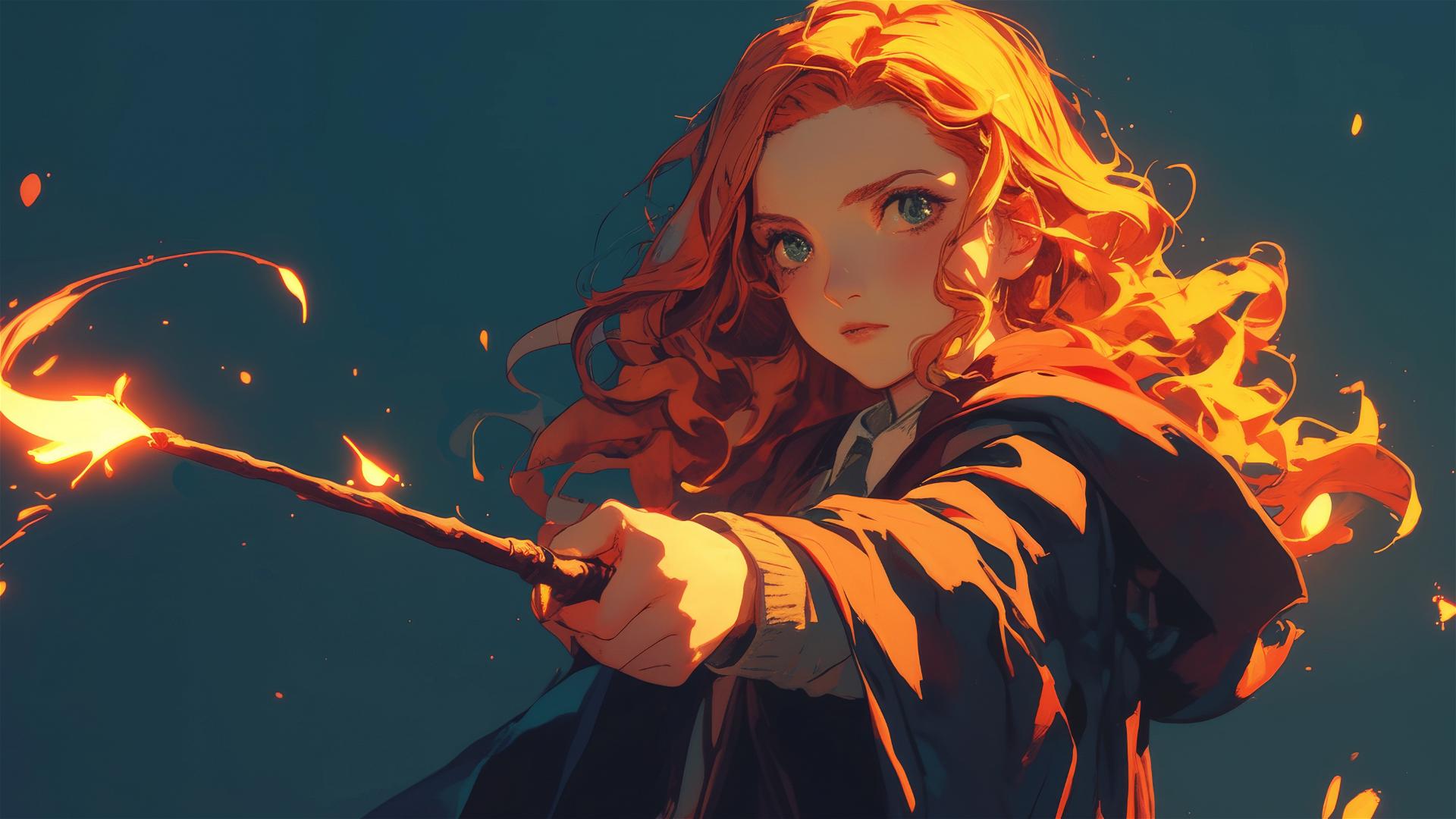 Ginny Weasley illustration with dark background and spotlight