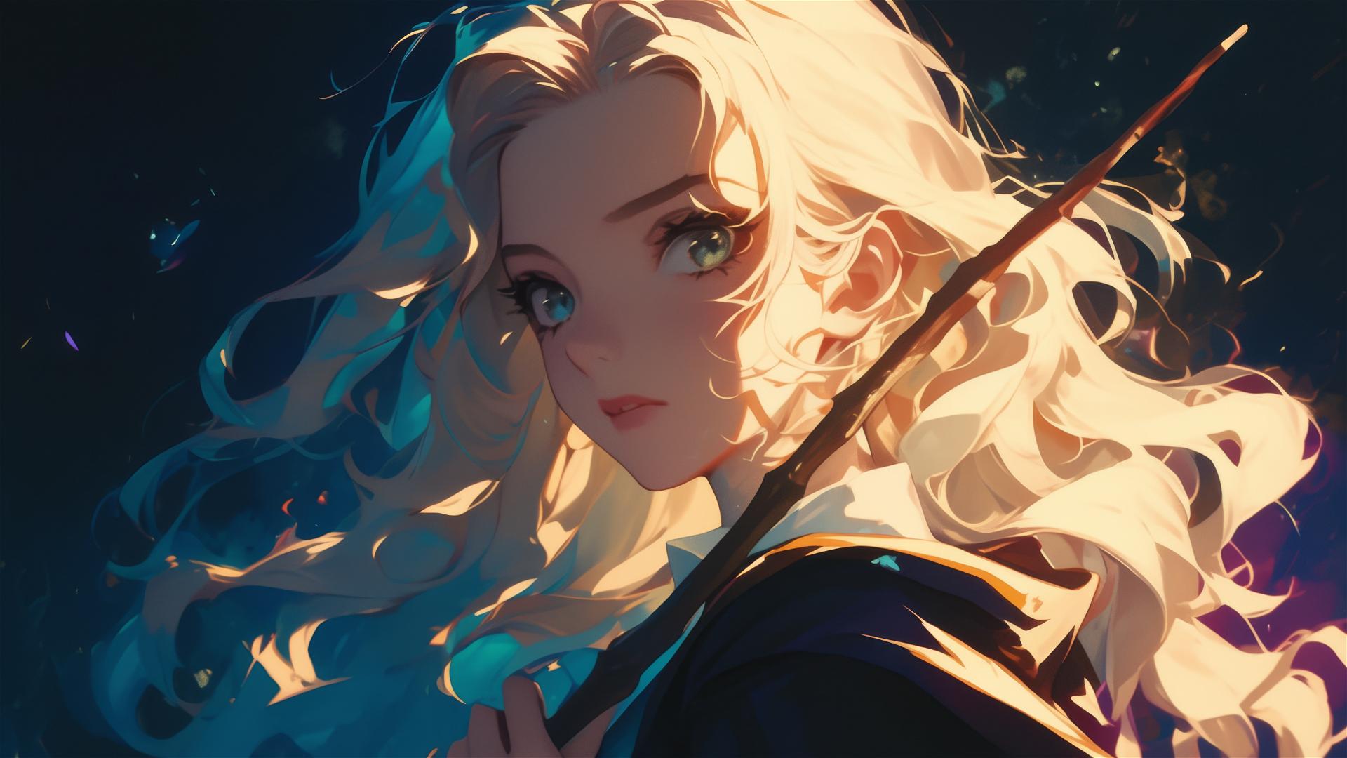 Luna Lovegood illustration with dark background and spotlight