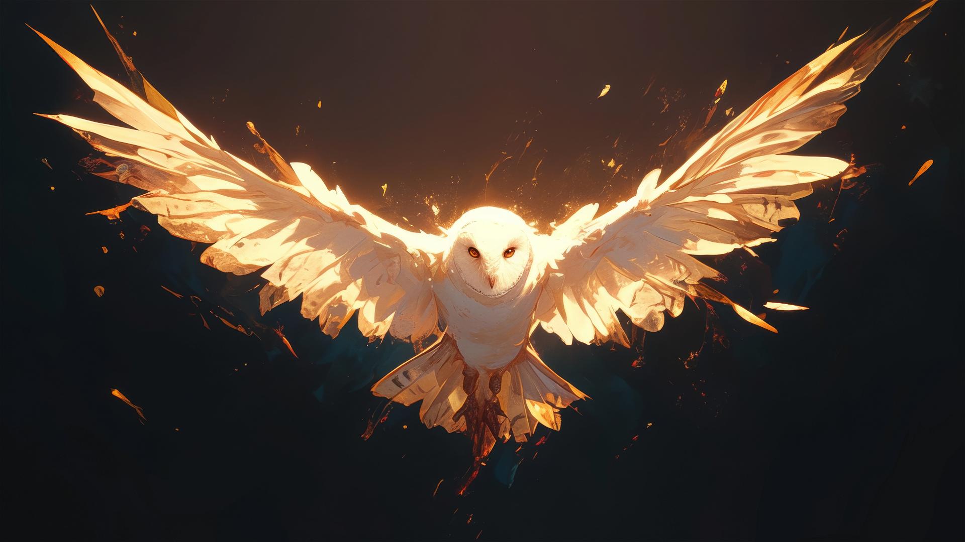 Hedwig the owl from Harry Potter illustration with dark background and spotlight effect