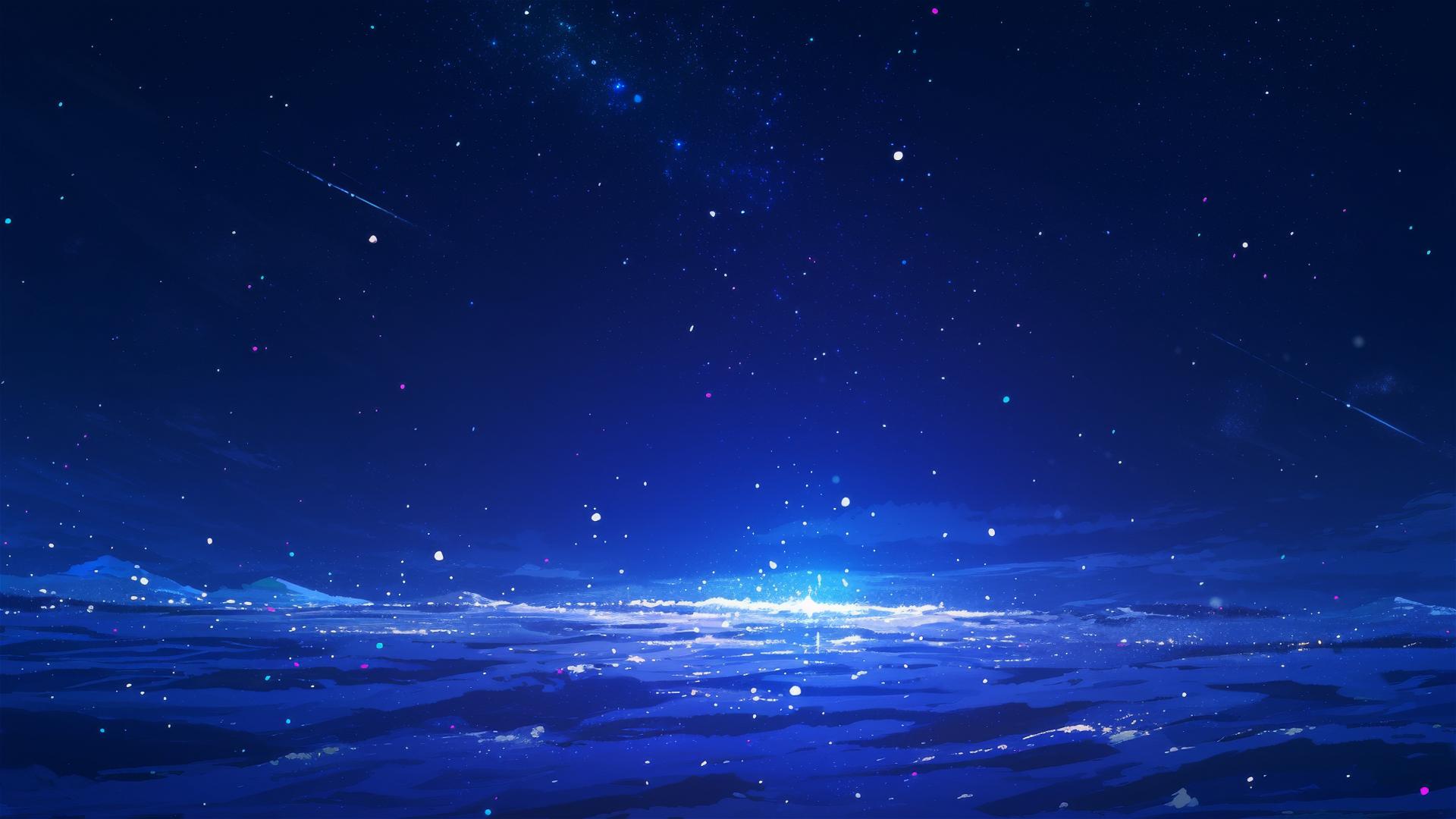 Snowy field with glowing snowflakes resembling a starry carpet, serene and stunning
