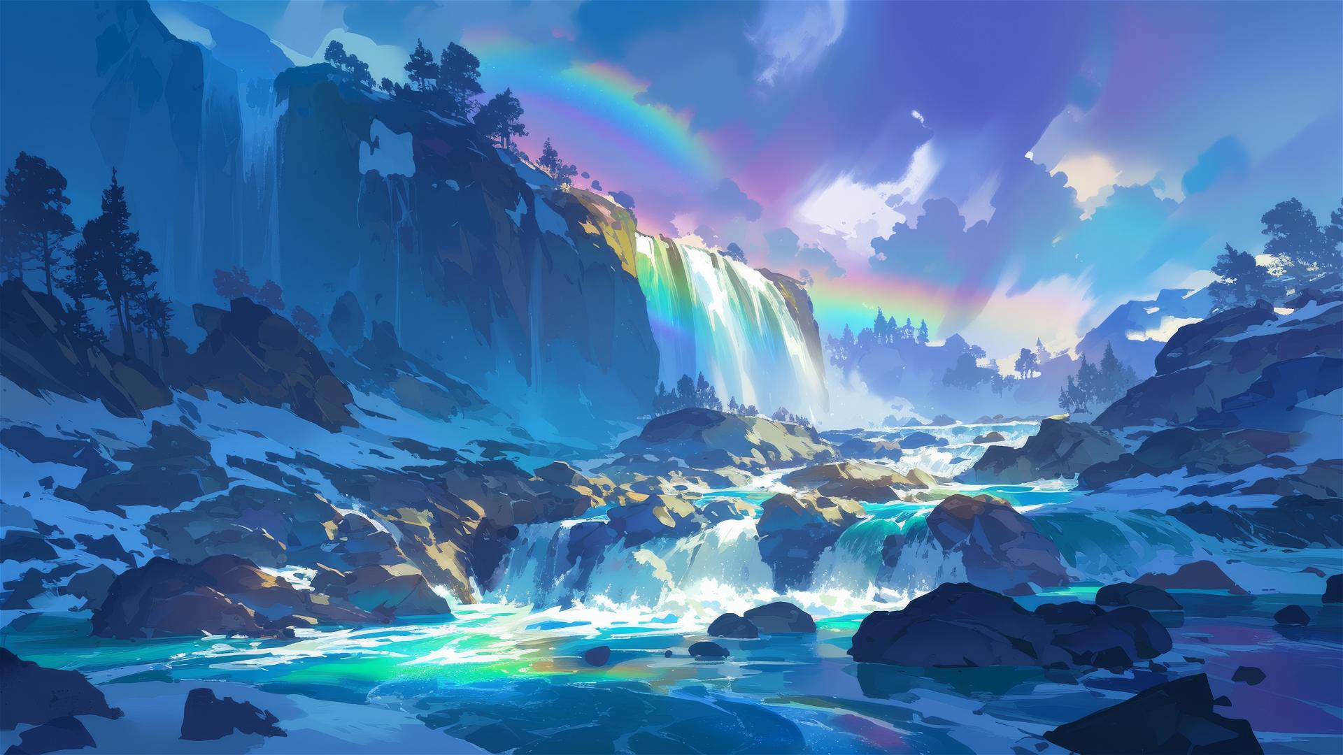 Nighttime rainbow over a moonlit waterfall