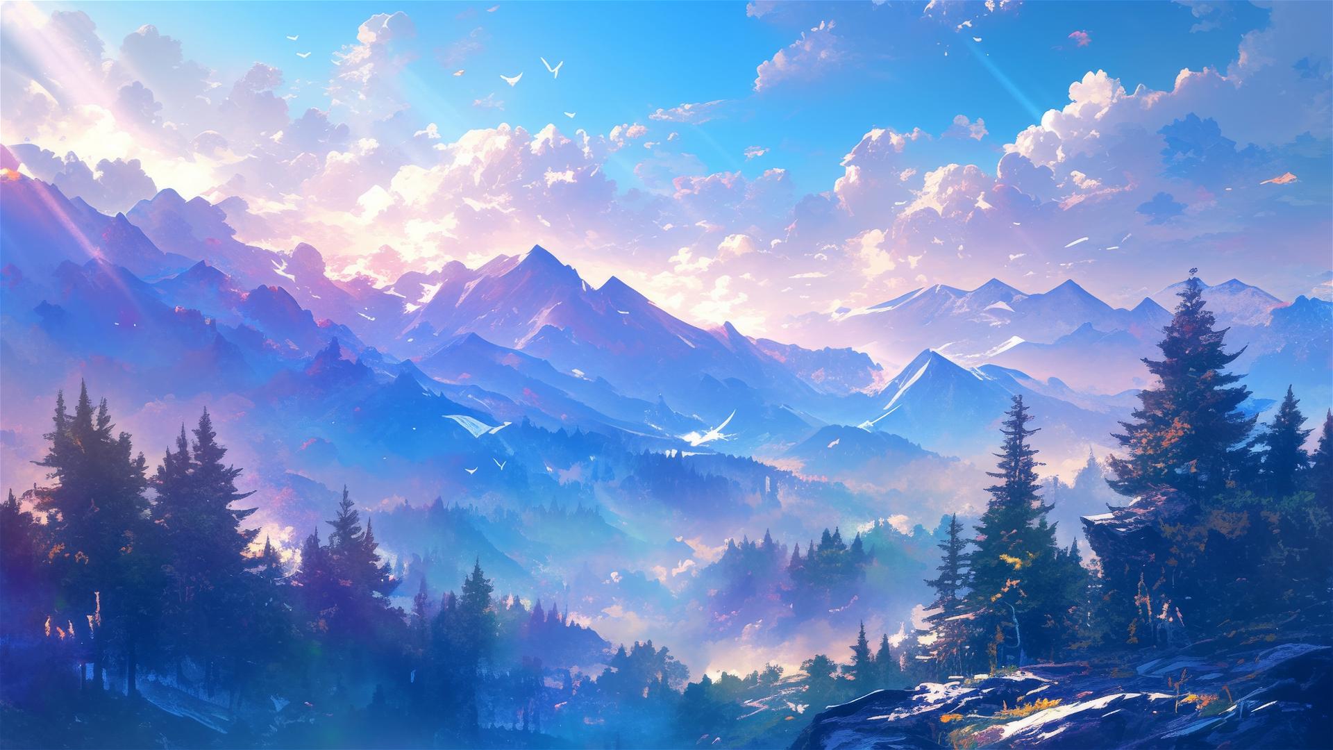 Tranquil opalescent mist valley with light-refracted hues