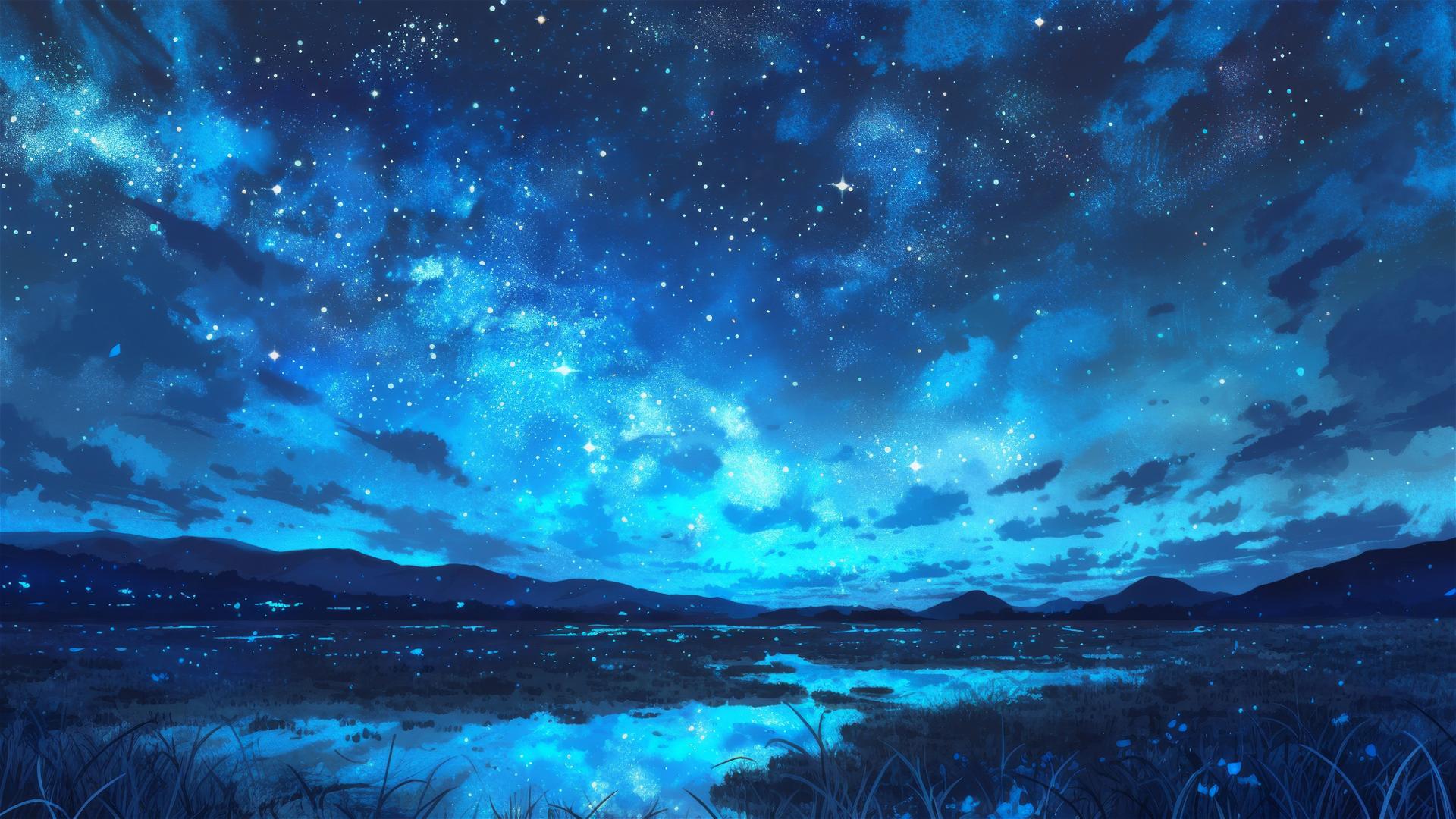 Lake with falling stars causing ripples of light
