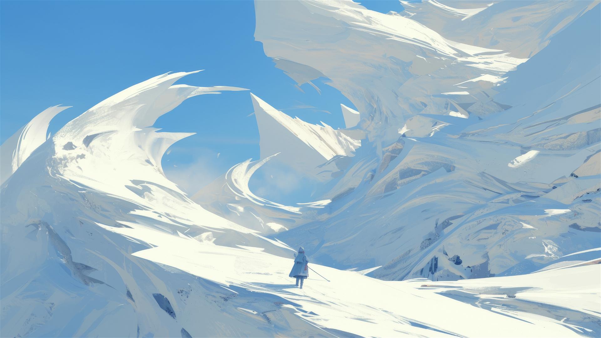 Ephemeral snow sculptures formed by wind in a mountain pass