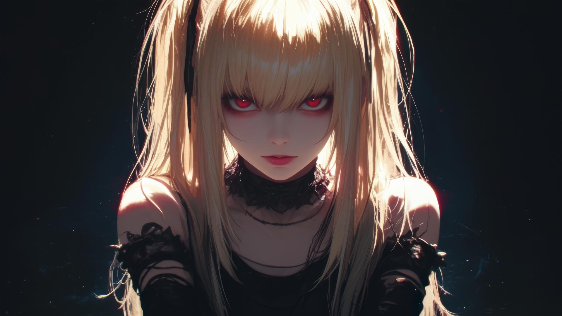 Misa Amane with red eyes in spotlight, dark background