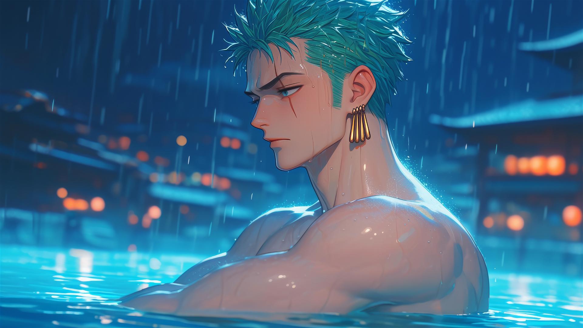 Roronoa Zoro resting by a rainy pool under moonlight