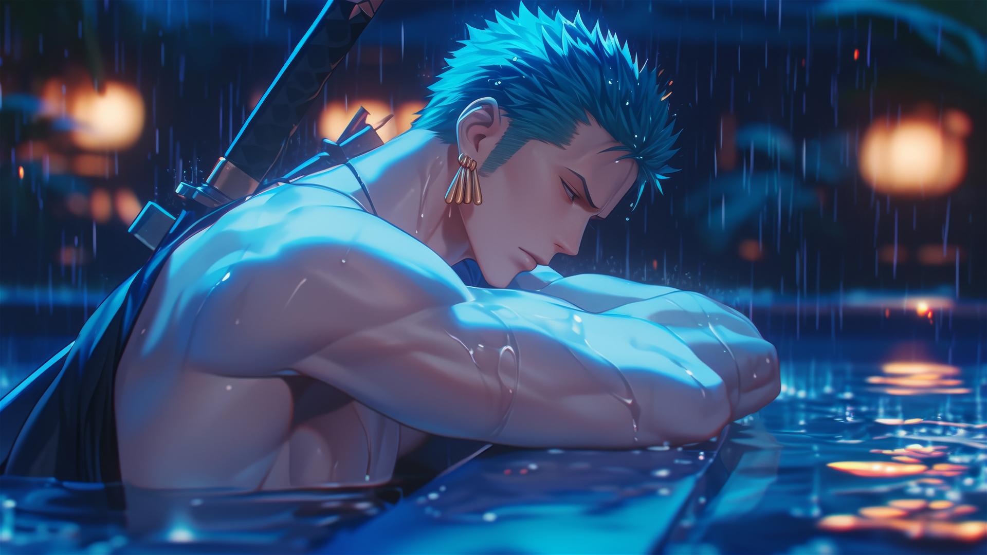 Roronoa Zoro from One Piece resting at a pool under moonlight