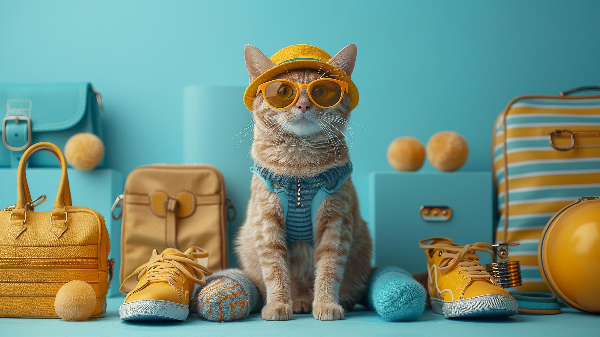 Cat in sunglasses and hat with accessories on light blue background