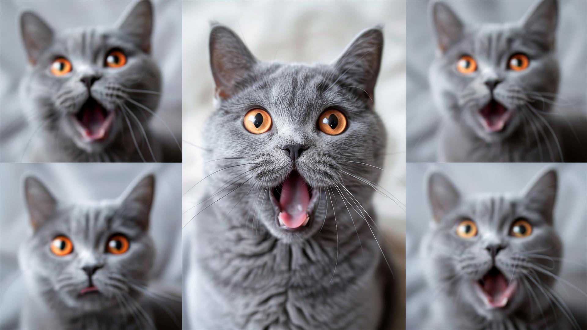A cute gray cat making various expressions and movements on a white background