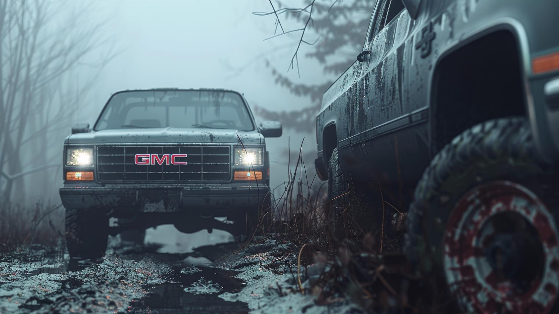 Closeup view of a foggy scene with a GMC Sierra under dim, Gothic gloomy lighting in 8K smooth, photorealistic quality