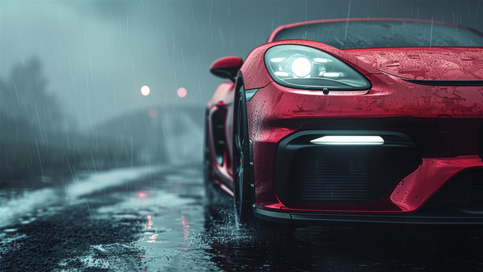 Photorealistic closeup view of a Porsche 718 in Gothic gloomy lighting and foggy atmosphere
