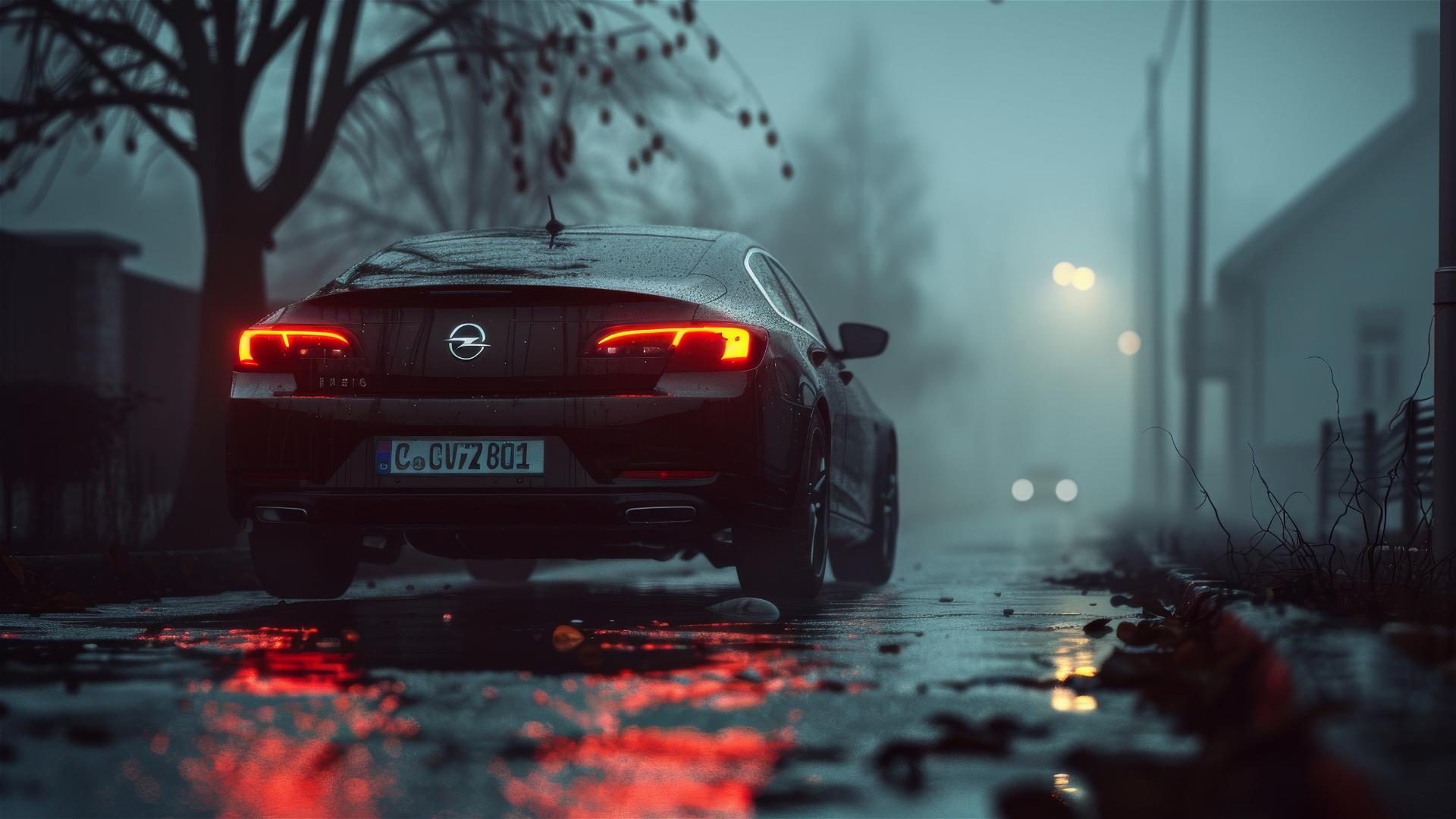 Opel Insignia car in dim gothic-style lighting with fog