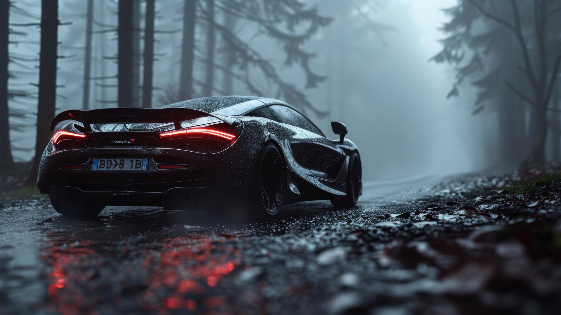 Close-up of a McLaren 720S in dim, foggy, gothic setting