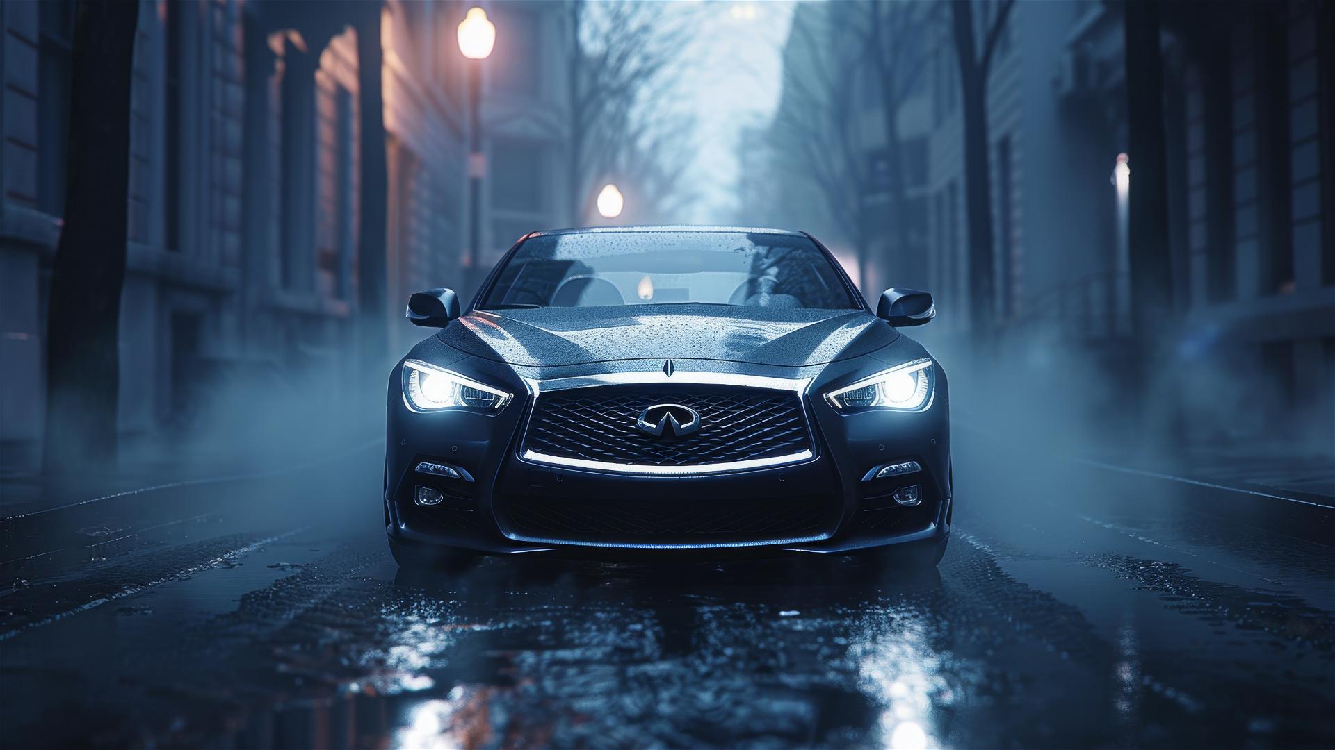Closeup view of an Infiniti Q50 in dim, foggy, and gothic gloomy settings, portrayed in a photorealistic style