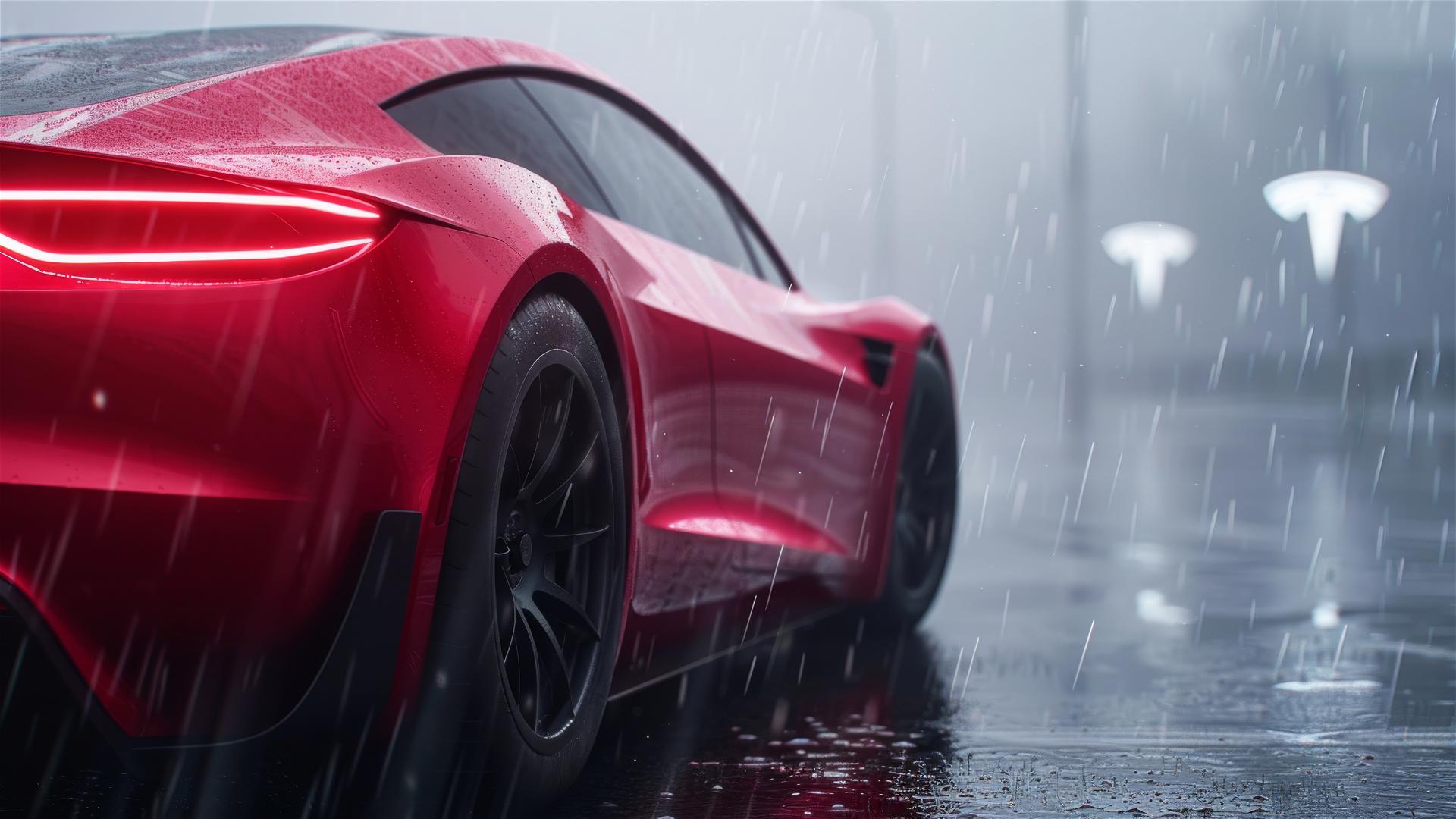 Close-up view of a Tesla Roadster under dim lighting with a gothic, gloomy atmosphere and photorealistic rendering in 8K resolution, enveloped in fog.
