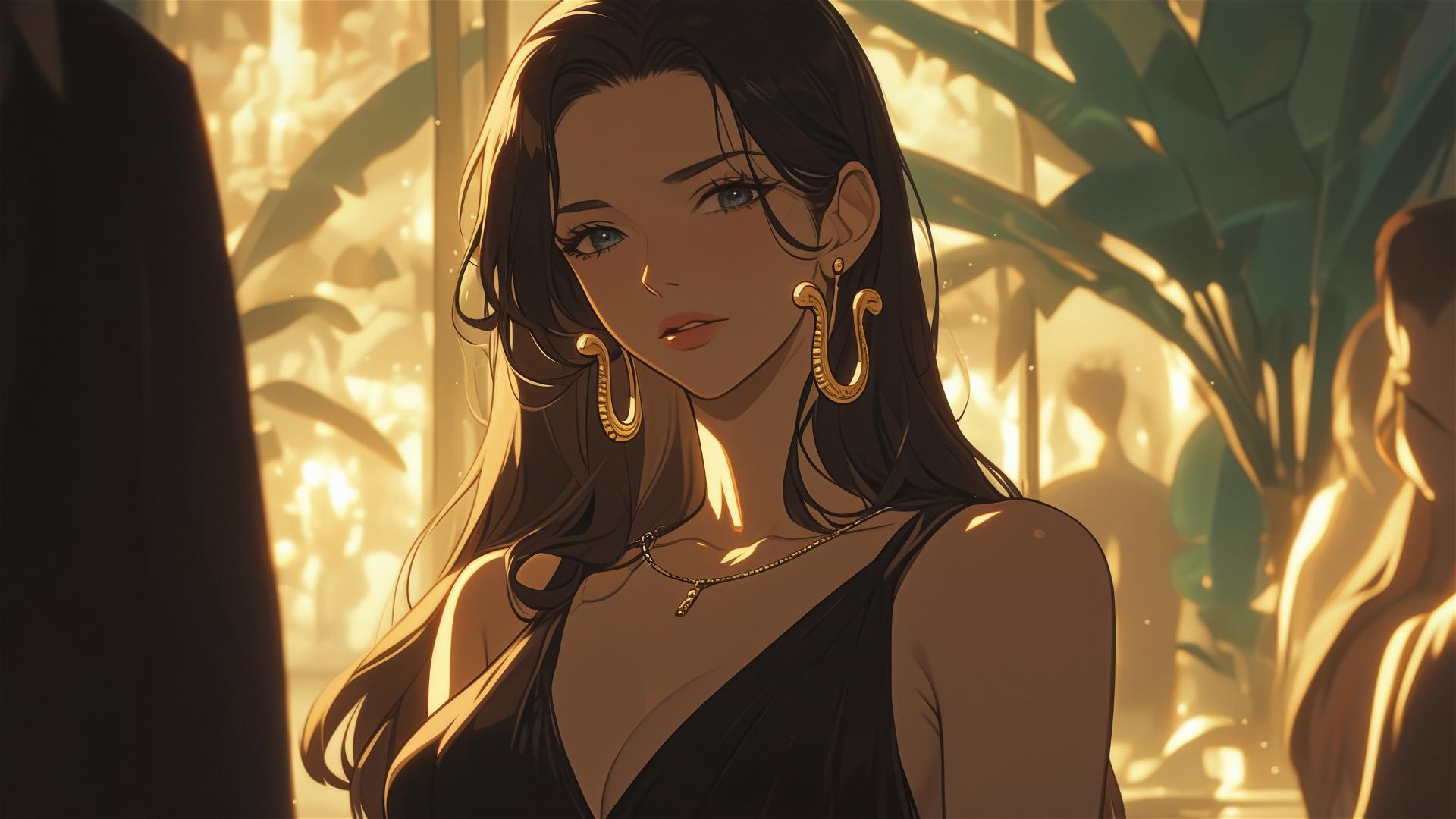 Boa Hancock from One Piece in art gallery under soft lights