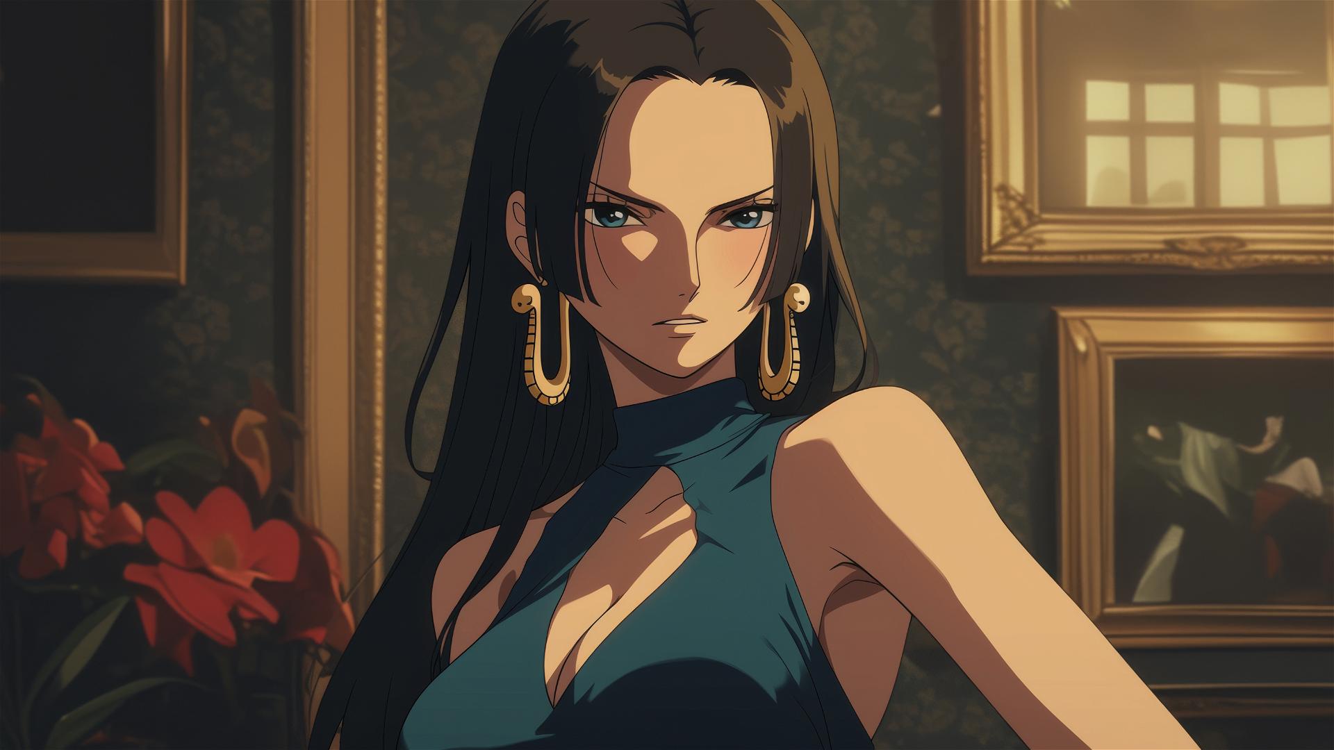 Boa Hancock from One Piece in an art gallery with soft lighting