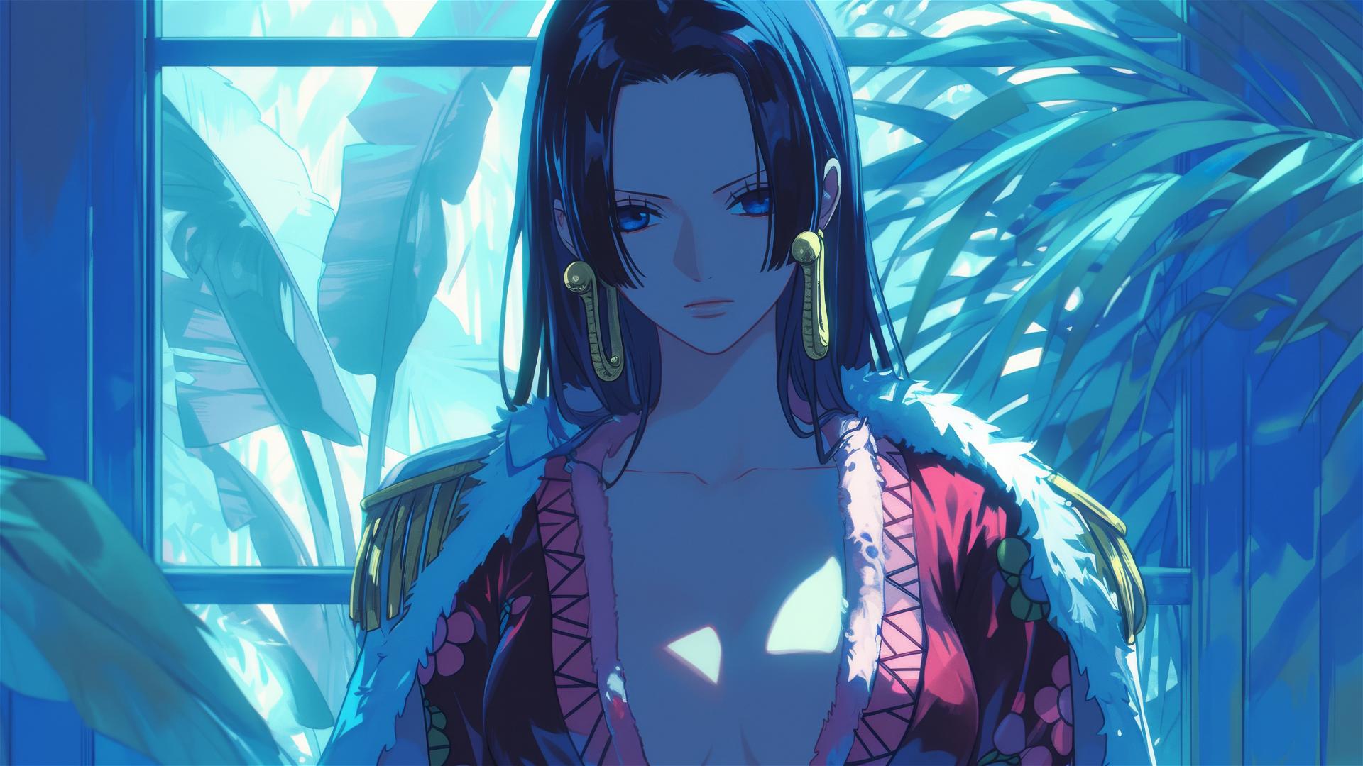 Boa Hancock from One Piece wandering through an art gallery with soft light