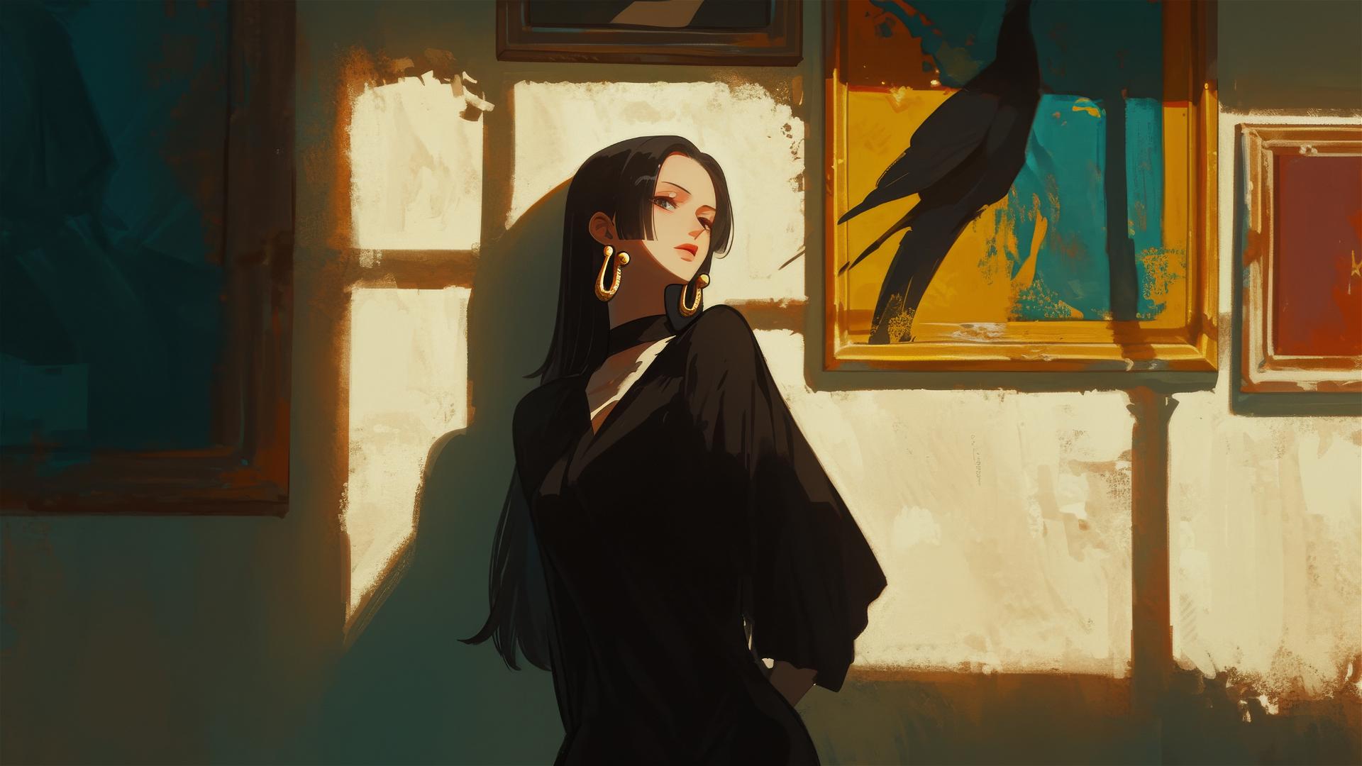 Boa Hancock from One Piece wandering in an art gallery under soft lights